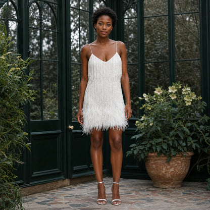 White sequin fringe feather trim homecoming dress complete front view