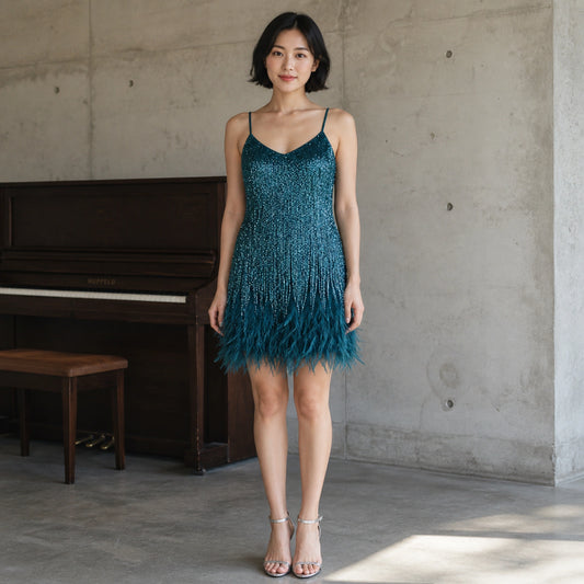 Deep Teal sequin fringe feather trim homecoming dress complete front view — view 2