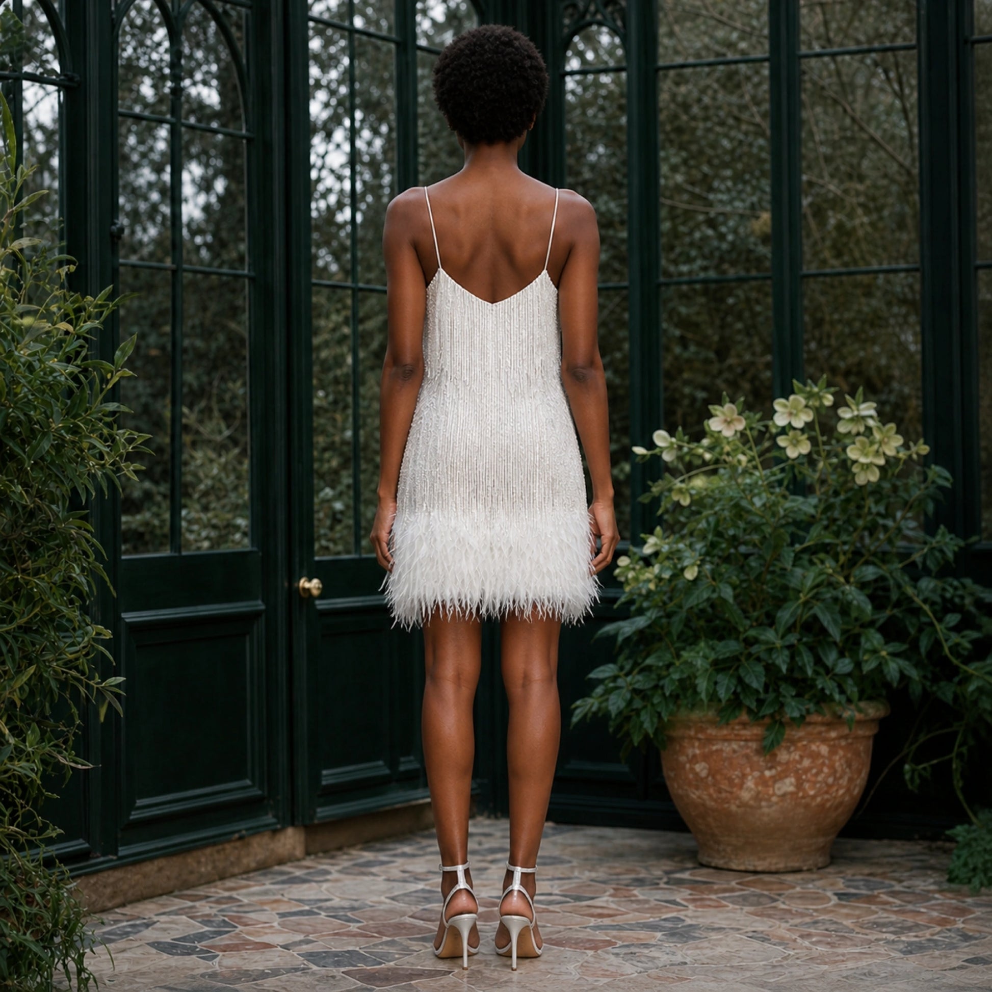 White sequin fringe feather trim homecoming dress direct back view — view 5