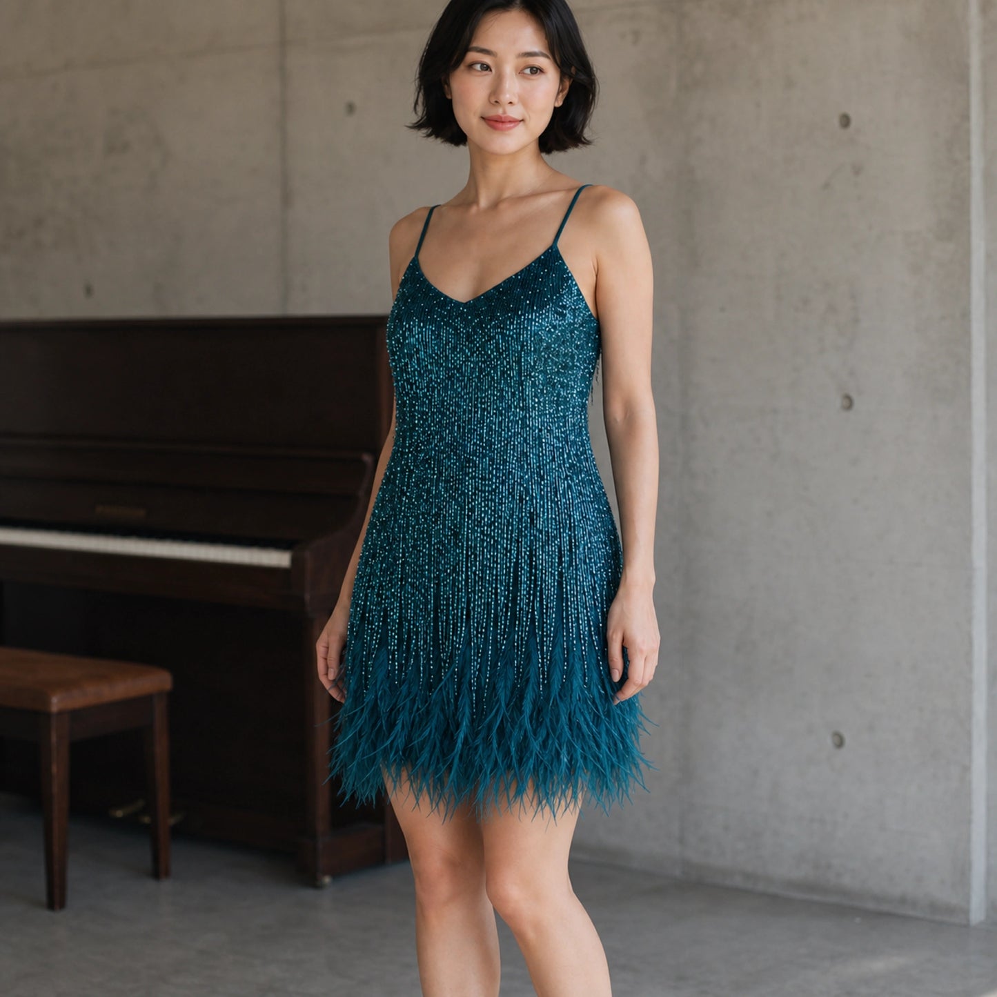 Deep Teal homecoming dress fringe to feather hem construction detail — view 8