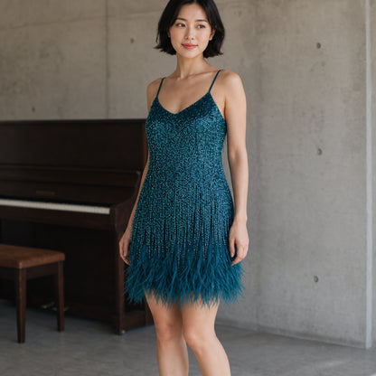 Deep Teal homecoming dress fringe to feather hem construction detail — view 8