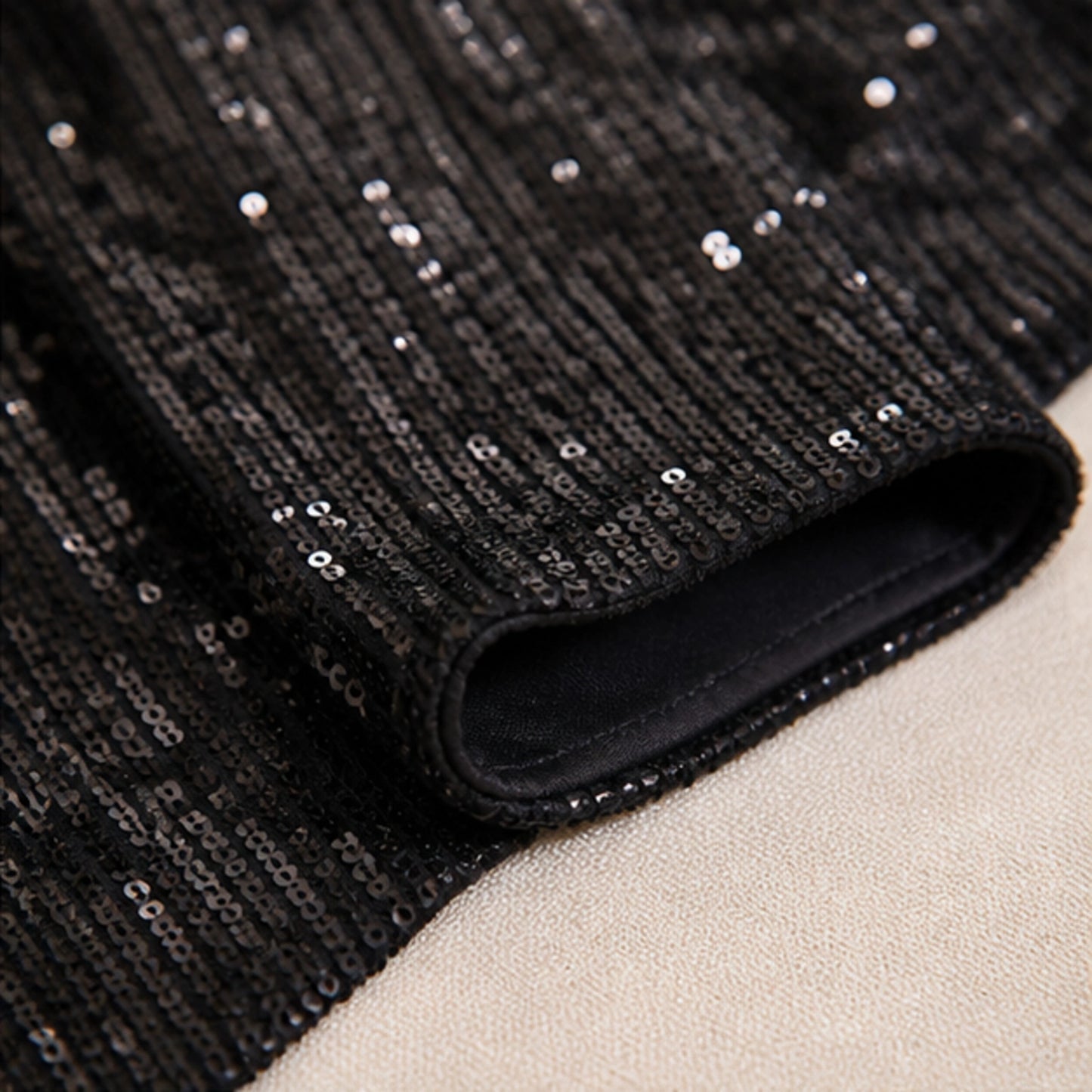 homecoming dress — Black sequin long sleeve cuff and lining construction detail — view 10