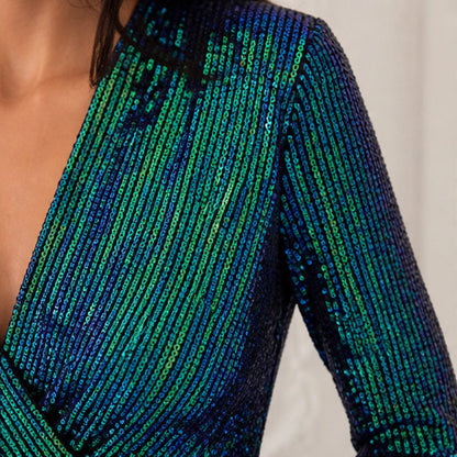 homecoming dress — Iridescent green blue sequin wrap neckline and sleeve detail — view 9