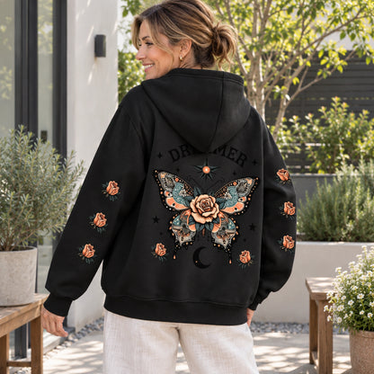 Black butterfly and rose print hoodie, complete rear view showing the artwork — view 2