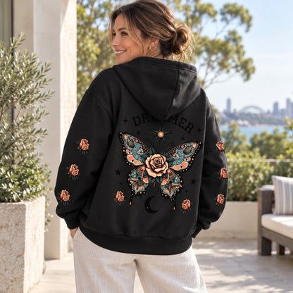 Black butterfly and rose print hoodie, rear three quarter view showing the artwork — view 4