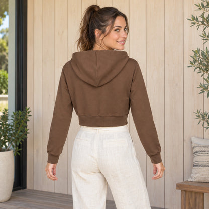 Brown Alina cropped zip up hoodie, complete rear view showing plain hood and ribbed hem — view 3