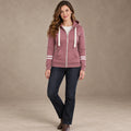 Women's Double Stripe Sleeve Zip Up Hoodie — Beatrice, Pink, complete front view, worn by an adult model, professional image