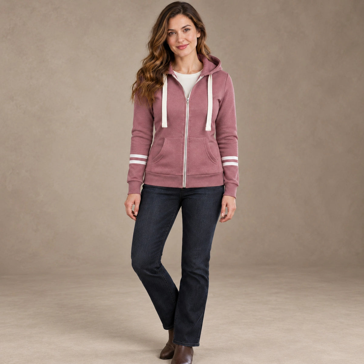 Women's Double Stripe Sleeve Zip Up Hoodie — Beatrice, Pink, complete front view, worn by an adult model, professional image