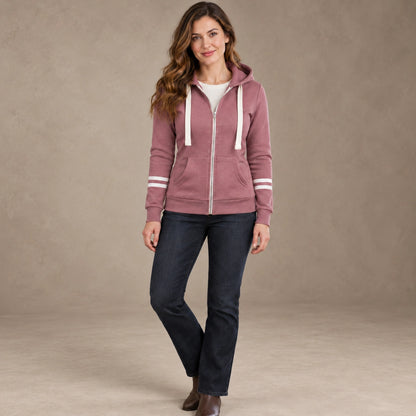 Women's Double Stripe Sleeve Zip Up Hoodie — Beatrice, Pink, complete front view, worn by an adult model, professional image
