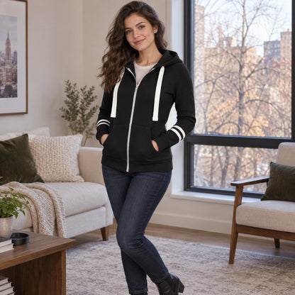 Women's Double Stripe Sleeve Zip Up Hoodie — Beatrice, Black, three quarter view, worn by an adult model, Usa and — view 6