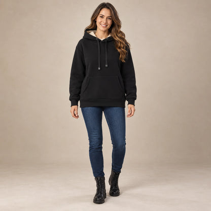 Women's Fleece Lined Pullover Hoodie — Lilly, Black, complete front view, worn by an adult model, professional image