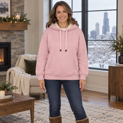 Women's Fleece Lined Pullover Hoodie — Lilly, Pink, complete front view, worn by an adult model, Usa and Canada — view 10
