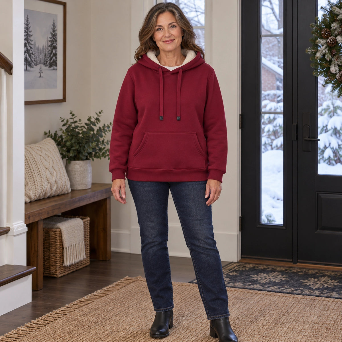 Women's Fleece Lined Pullover Hoodie — Lilly, Burgundy, complete front view, worn by an adult model, Usa and Canada — view 12
