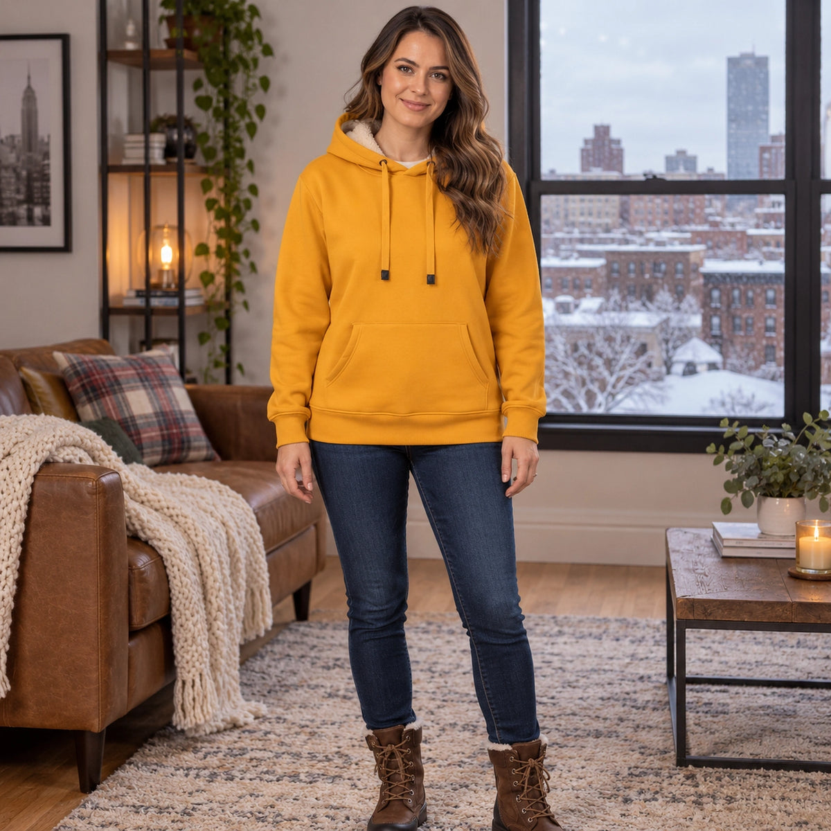 Women's Fleece Lined Pullover Hoodie — Lilly, Golden Yellow, complete front view, worn by an adult model, Usa and — view 13