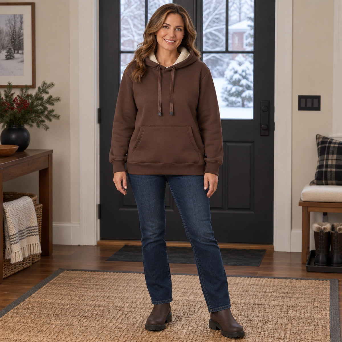 Women's Fleece Lined Pullover Hoodie — Lilly, Chocolate Brown, complete front view, worn by an adult model, Usa and — view 2