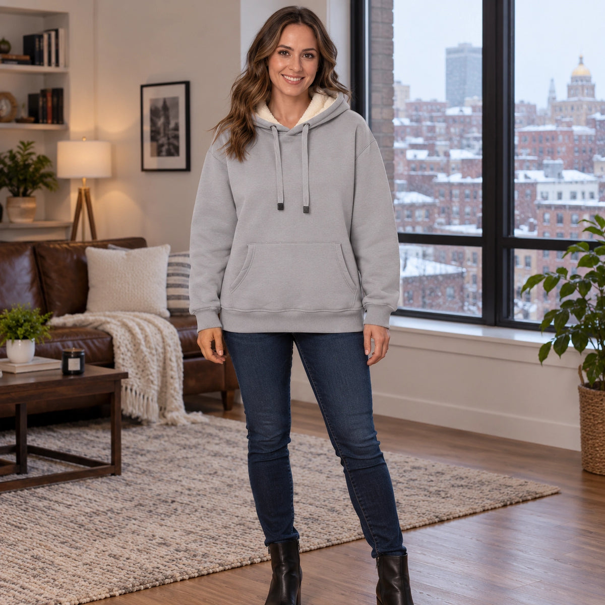 Women's Fleece Lined Pullover Hoodie — Lilly, Silver Gray, complete front view, worn by an adult model, Usa and — view 3