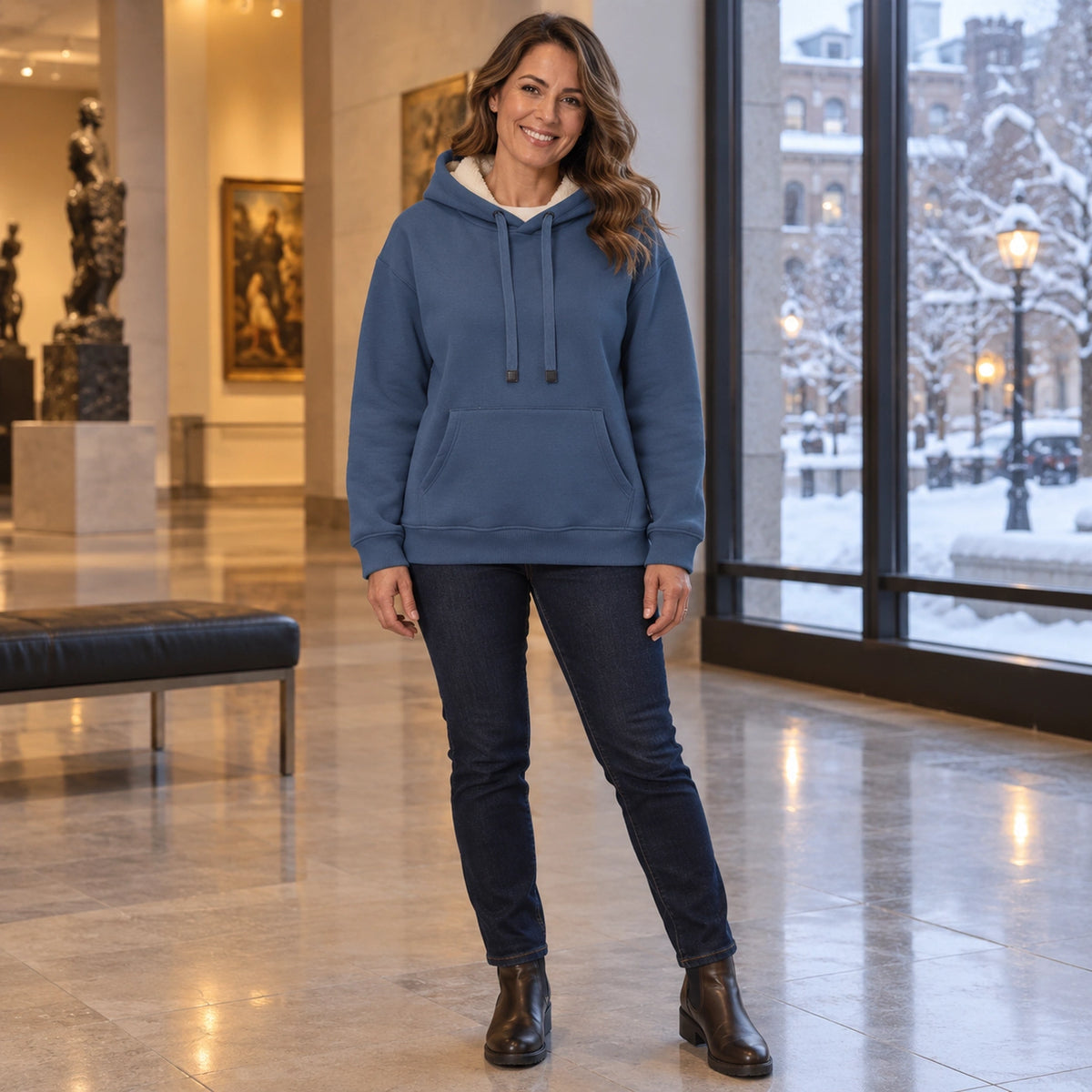 Women's Fleece Lined Pullover Hoodie — Lilly, Denim Blue, complete front view, worn by an adult model, Usa and — view 6