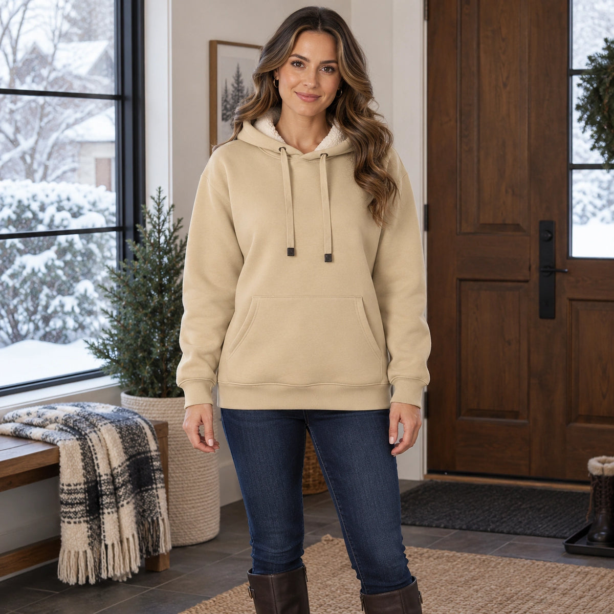 Women's Fleece Lined Pullover Hoodie — Lilly, Khaki, complete front view, worn by an adult model, Usa and Canada — view 7