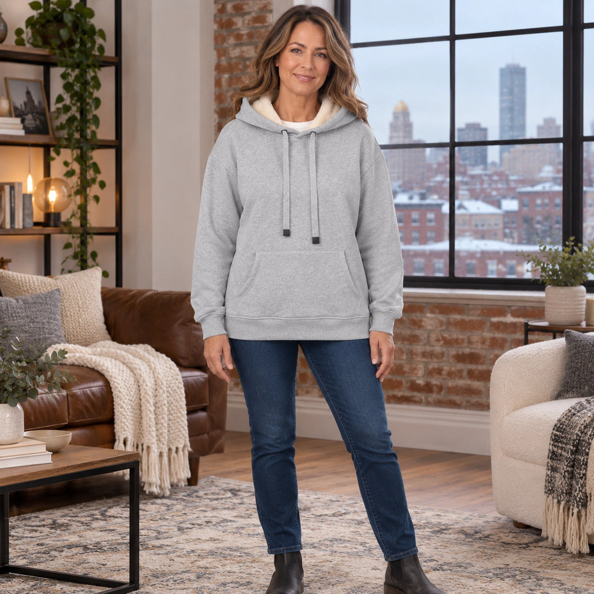 Women's Fleece Lined Pullover Hoodie — Lilly, Light Gray, complete front view, worn by an adult model, Usa and — view 8