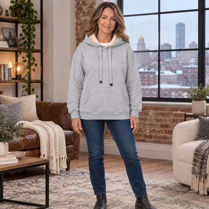 Women's Fleece Lined Pullover Hoodie — Lilly, Light Gray, complete front view, worn by an adult model, Usa and — view 8