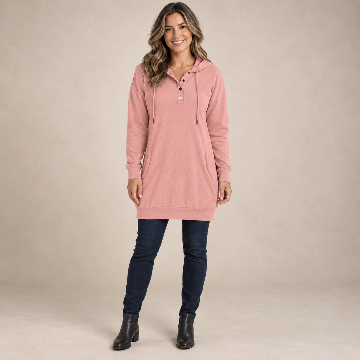 Women's Longline Button Placket Hoodie — Valeria, Dusty Pink, complete front view, worn by an adult model, professional image