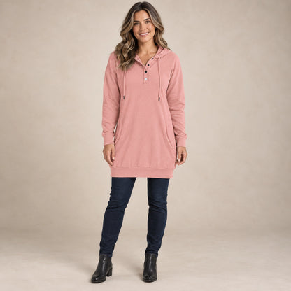 Women's Longline Button Placket Hoodie — Valeria, Dusty Pink, complete front view, worn by an adult model, professional image