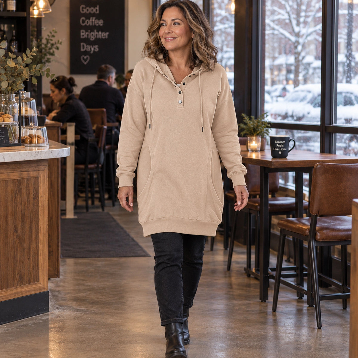 Women's Longline Button Placket Hoodie — Valeria, Beige, view, worn by an adult model, Usa and Canada — view 10