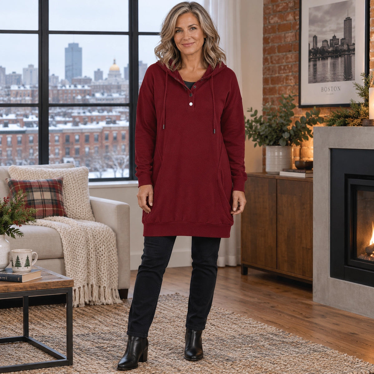 Women's Longline Button Placket Hoodie — Valeria, Burgundy, complete front view, worn by an adult model, Usa and — view 8