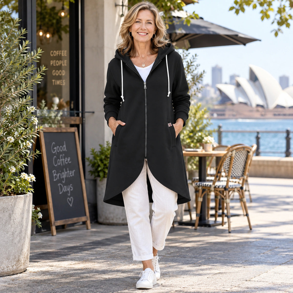 Shaly Black longline zip up hoodie photo at a Sydney cafe in spring. — view 8