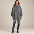 Women's Oversized Longline Zip Up Hoodie — Meliora, Gray, complete front view, worn by an adult model, professional image