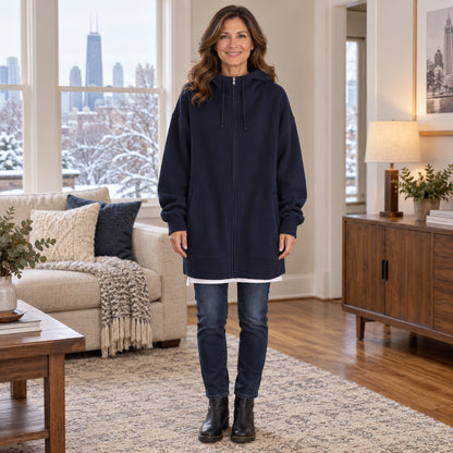Women's Oversized Longline Zip Up Hoodie — Meliora, Navy Blue, complete front view, worn by an adult model, Usa and — view 10