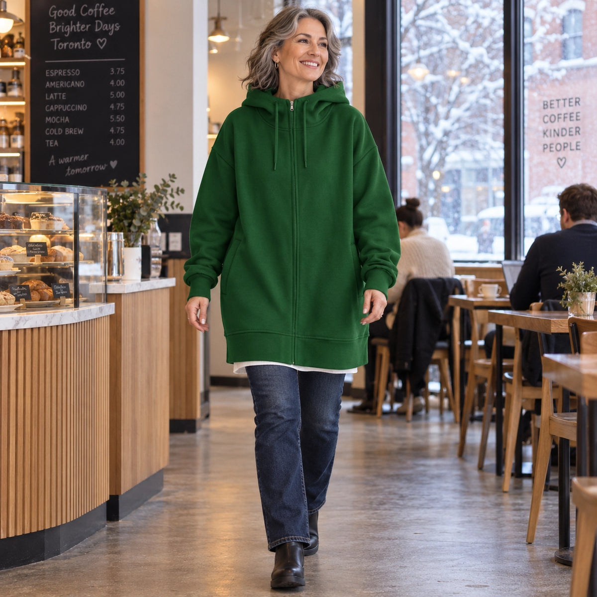 Women's Oversized Longline Zip Up Hoodie — Meliora, Forest Green, view, worn by an adult model, Usa and Canada — view 12