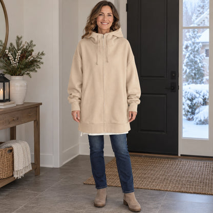 Women's Oversized Longline Zip Up Hoodie — Meliora, Beige, complete front view, worn by an adult model, Usa and — view 2