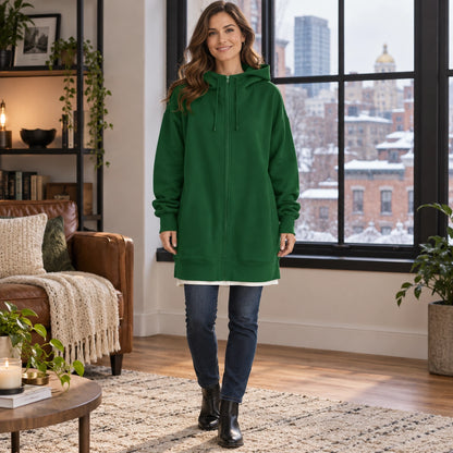 Women's Oversized Longline Zip Up Hoodie — Meliora, Forest Green, complete front view, worn by an adult model, Usa — view 3