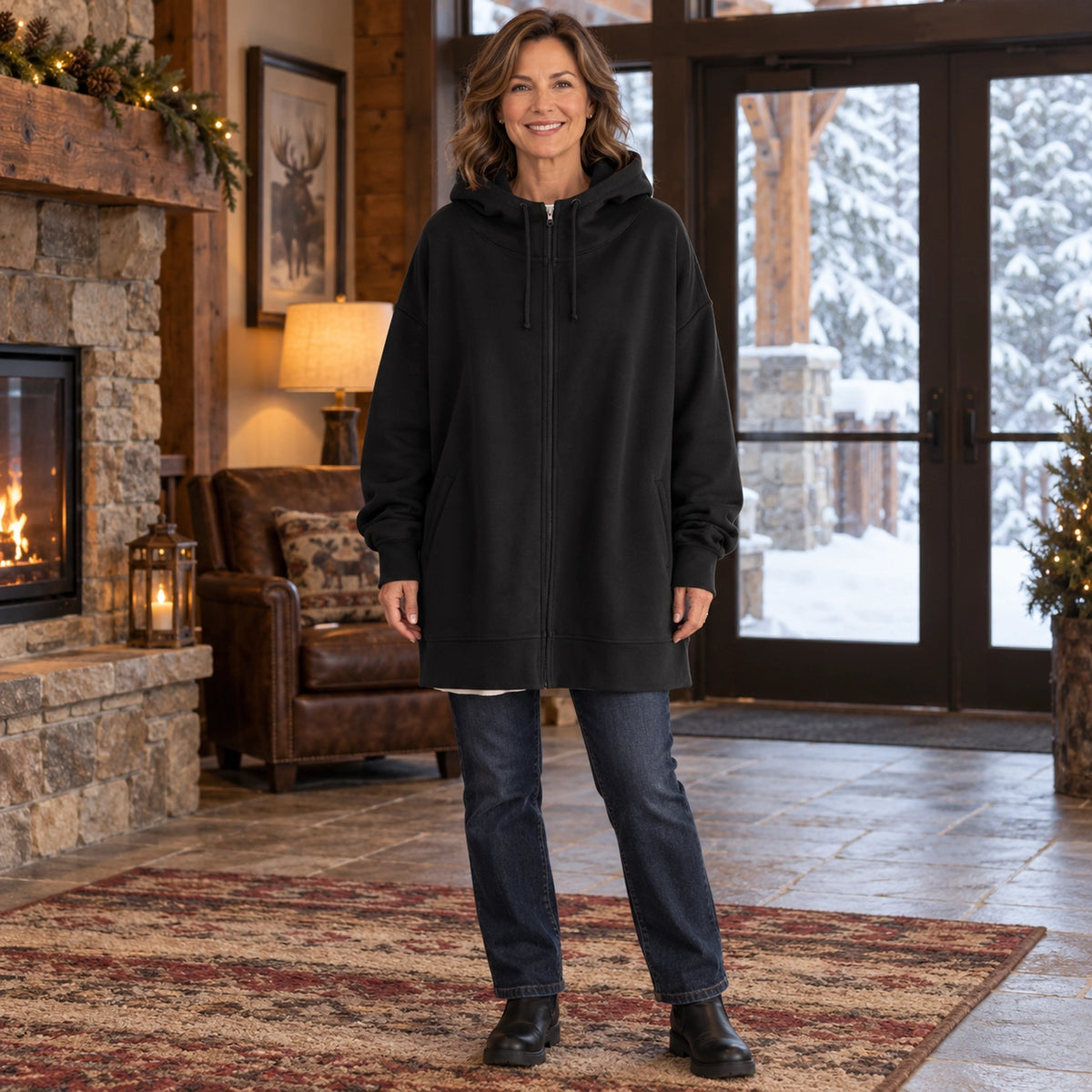 Women's Oversized Longline Zip Up Hoodie — Meliora, Black, complete front view, worn by an adult model, Usa and — view 4