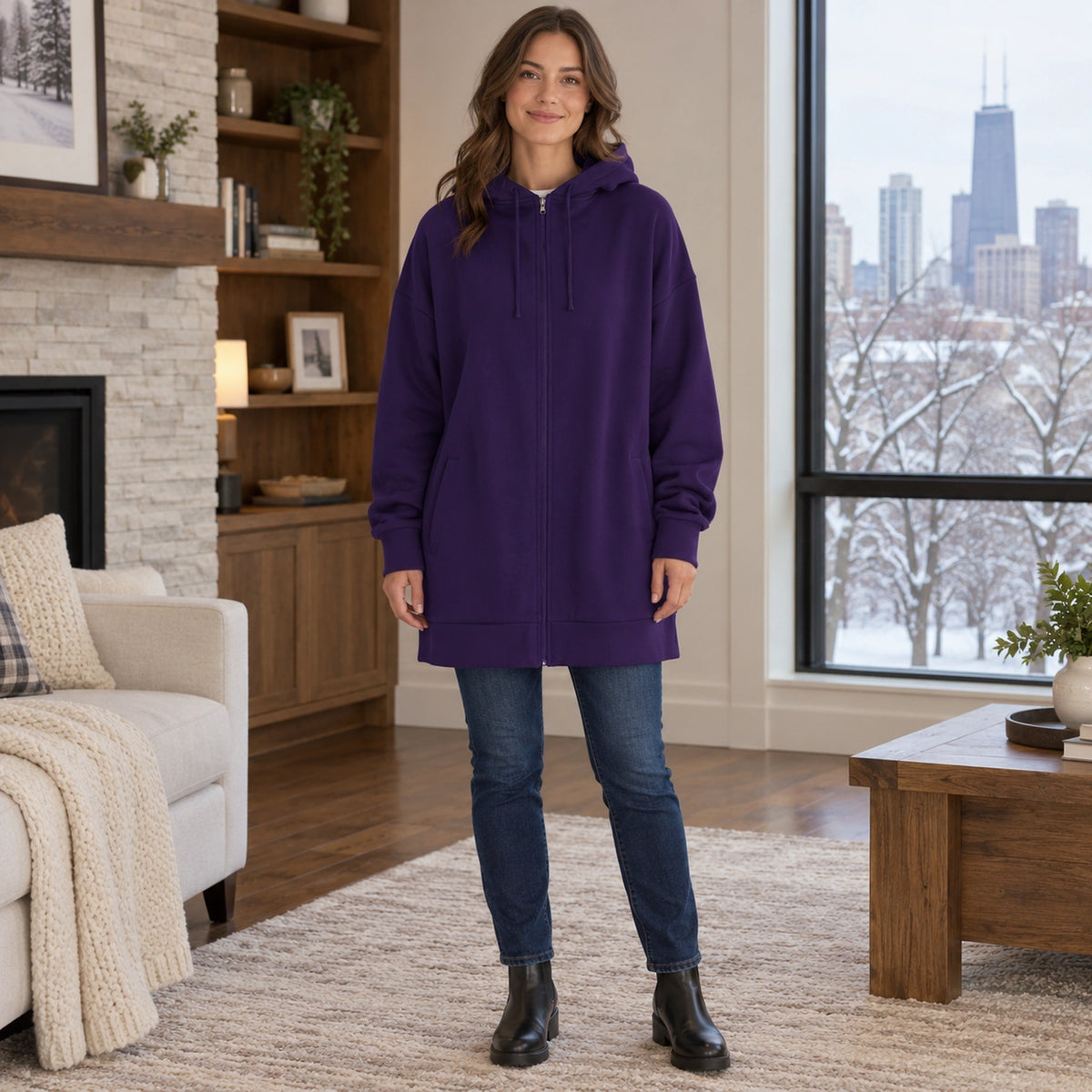 Women's Oversized Longline Zip Up Hoodie — Meliora, Deep Purple, complete front view, worn by an adult model, Usa — view 5