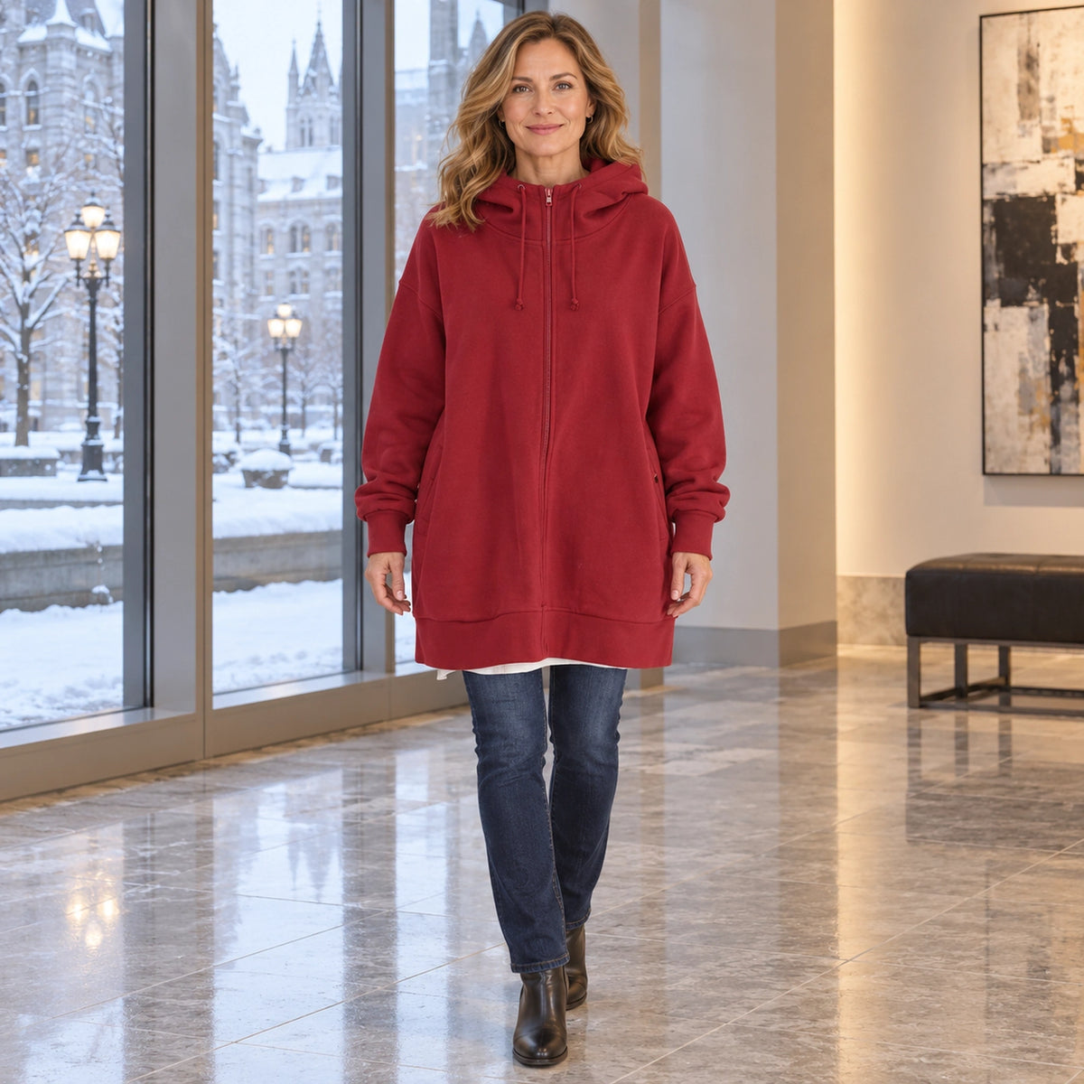 Women's Oversized Longline Zip Up Hoodie — Meliora, Red, complete front view, worn by an adult model, Usa and Canada — view 6