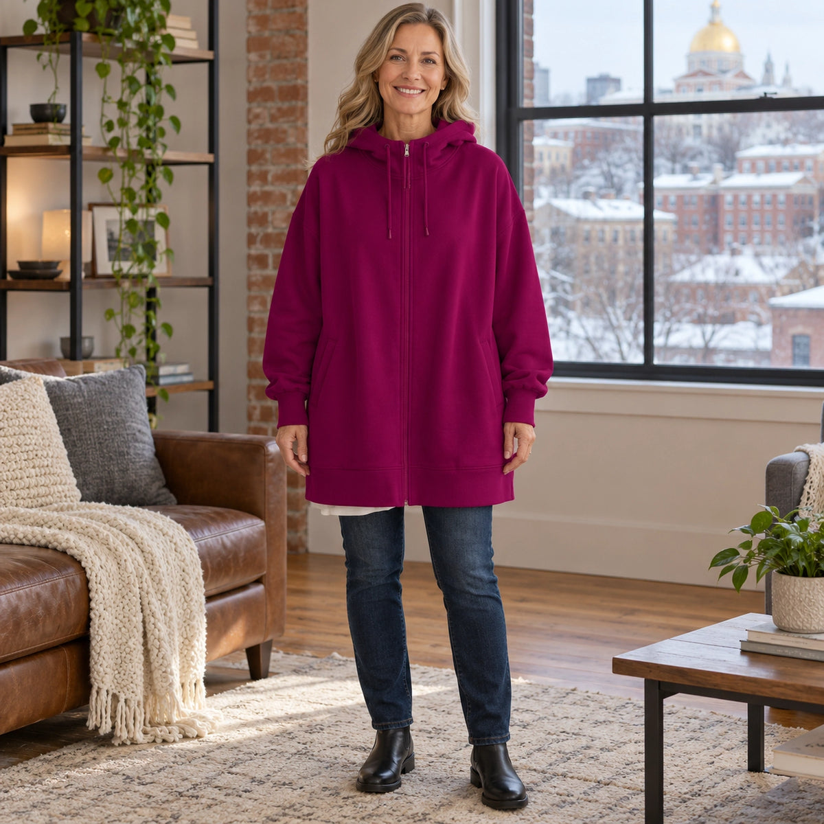 Women's Oversized Longline Zip Up Hoodie — Meliora, Fuchsia, complete front view, worn by an adult model, Usa and — view 8