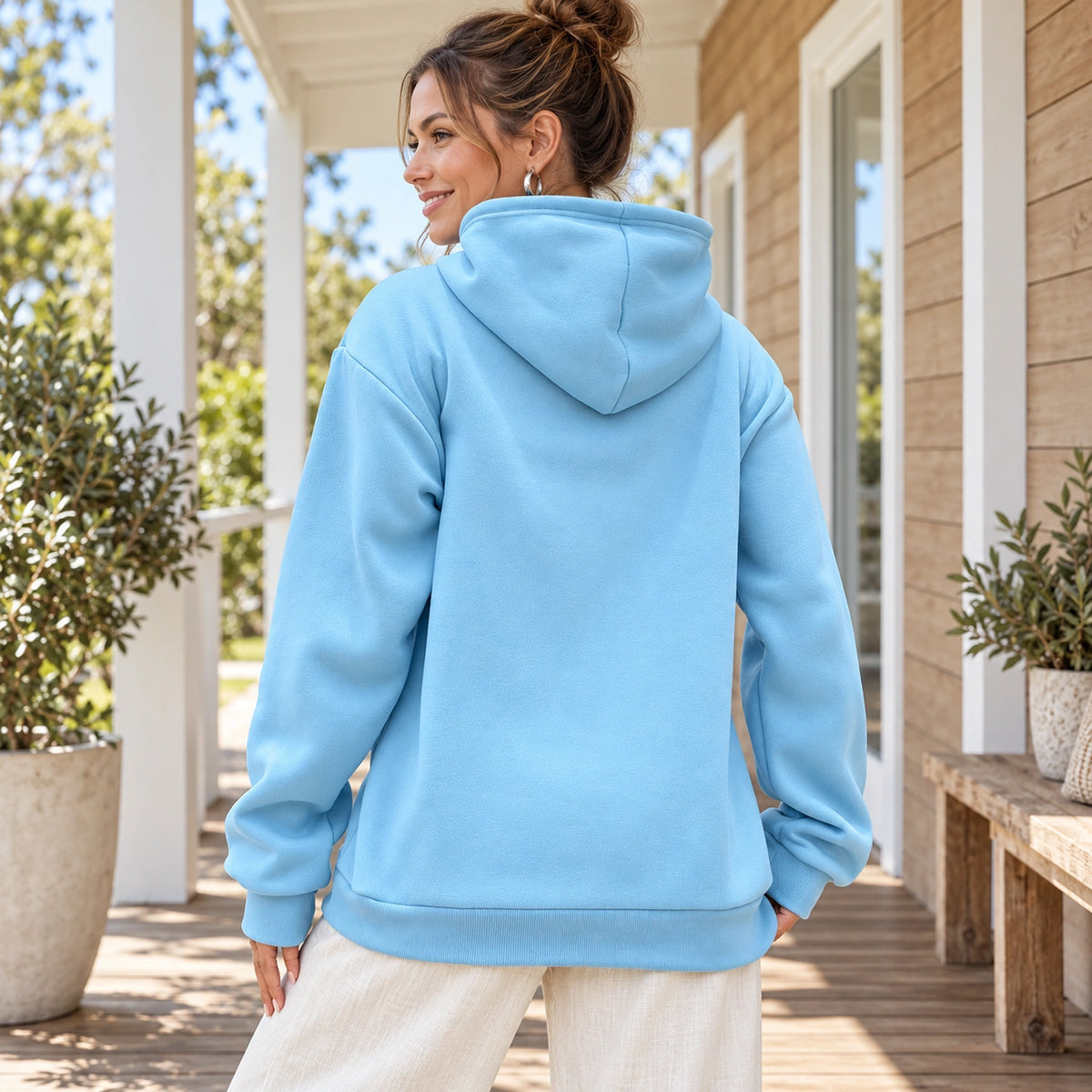 Blue Lilac pullover hoodie, complete rear view showing plain hood and ribbed hem — view 3