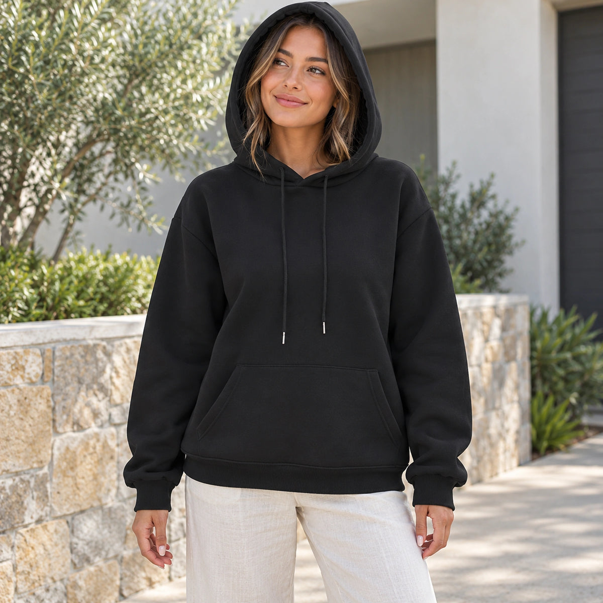 Black Lilac pullover hoodie, hood up front view on young model — view 6