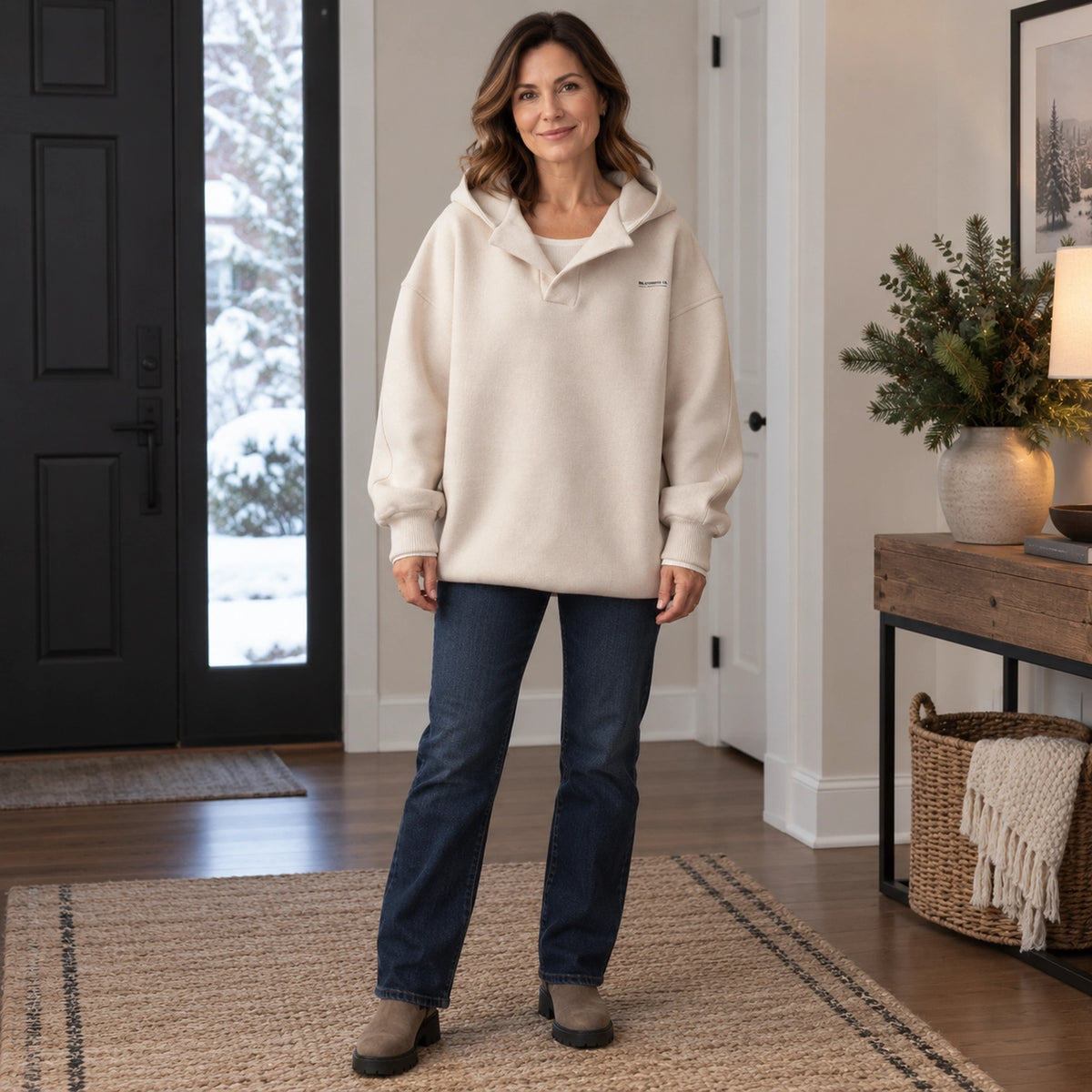 Women's Split Neck Pullover Hoodie — Paulina, Ivory, complete front view, worn by an adult model, Usa and Canada — view 2
