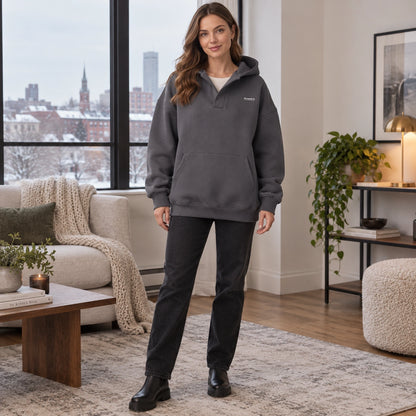 Women's Split Neck Pullover Hoodie — Paulina, Charcoal Gray, complete front view, worn by an adult model, Usa and — view 3