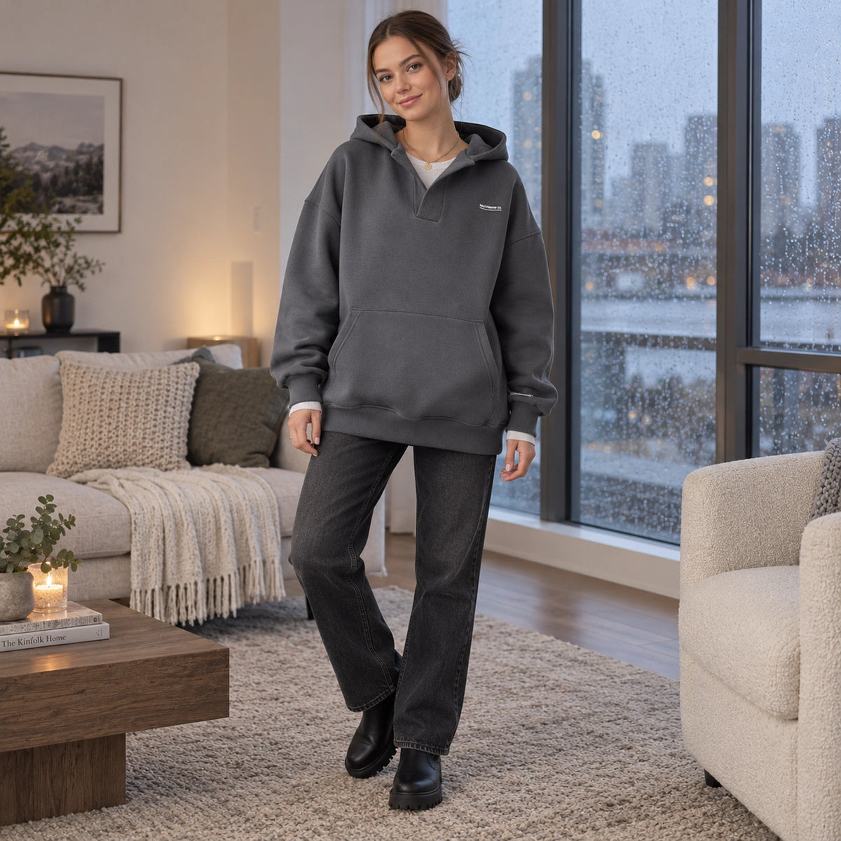Women's Split Neck Pullover Hoodie — Paulina, Charcoal Gray, three quarter view, worn by an adult model, Usa and — view 5