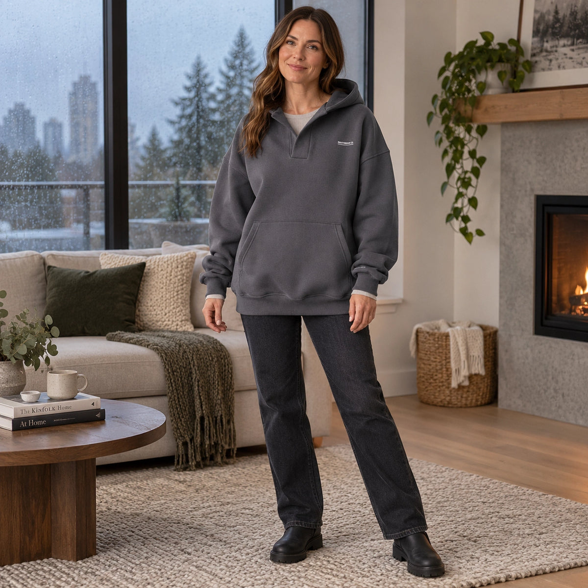 Women's Split Neck Pullover Hoodie — Paulina, Charcoal Gray, three quarter view, worn by an adult model, Usa and — view 6