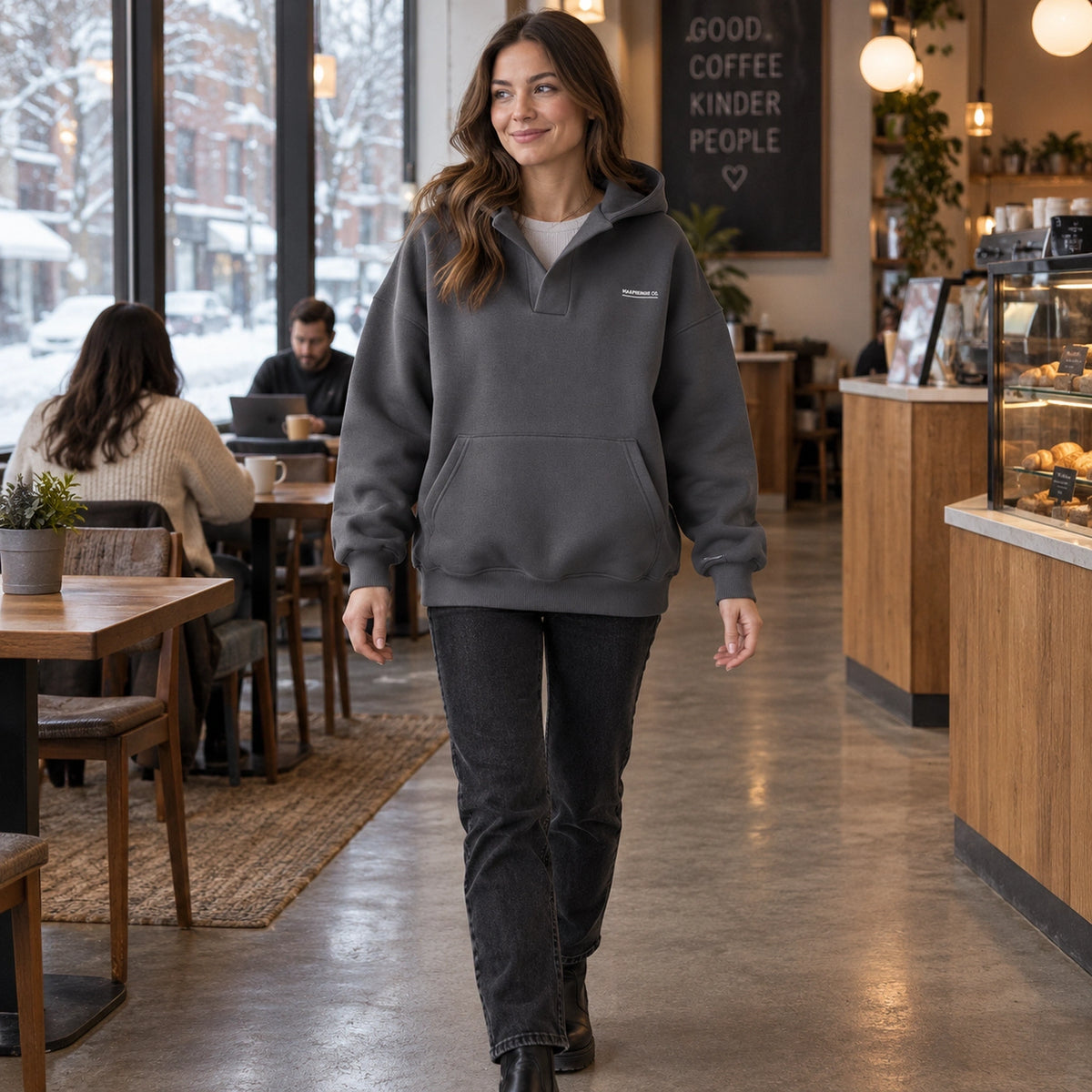 Women's Split Neck Pullover Hoodie — Paulina, Charcoal Gray, view, worn by an adult model, Usa and Canada — view 7