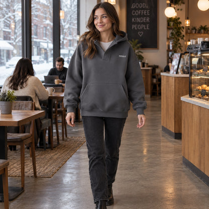 Women's Split Neck Pullover Hoodie — Paulina, Charcoal Gray, view, worn by an adult model, Usa and Canada — view 7