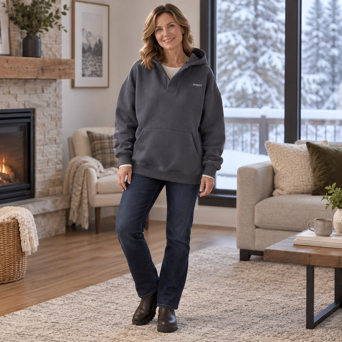 Women's Split Neck Pullover Hoodie — Paulina, Charcoal Gray, view, worn by an adult model, Usa and Canada — view 8
