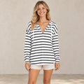 Annelieser White Black Stripe hoodie front image, complete garment on a happy female model.