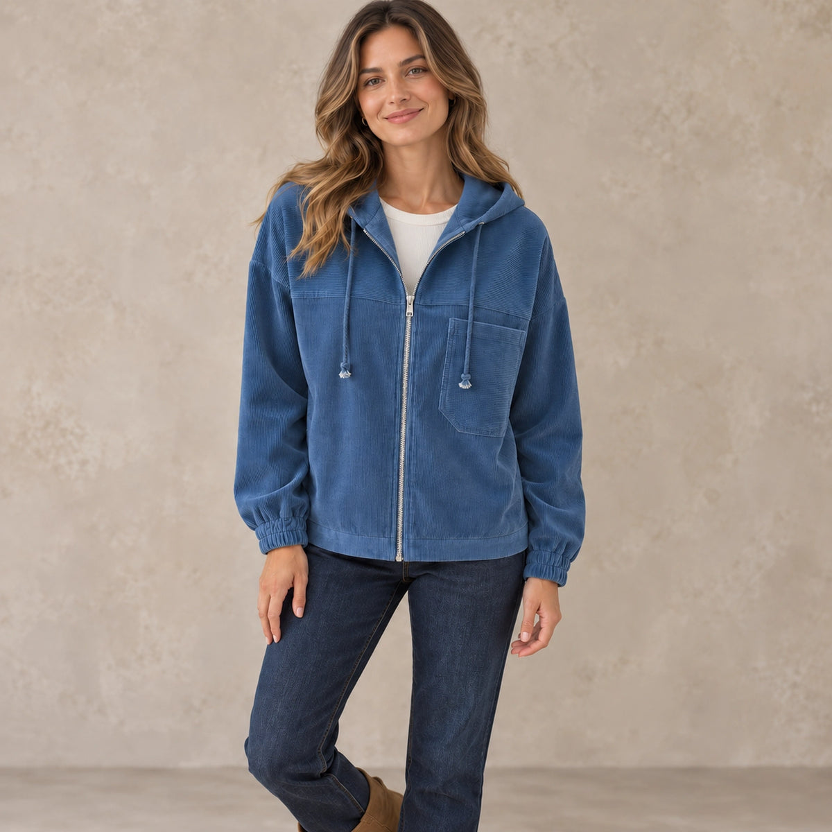 Women's Textured Chest Pocket Zip Up Hoodie — Noemi, Blue, complete front view, worn by an adult model, professional image