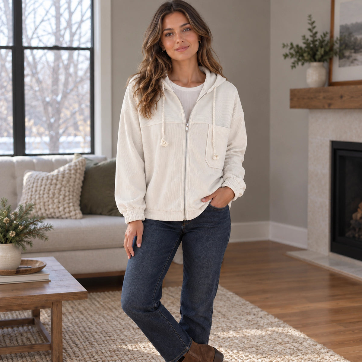 Women's Textured Chest Pocket Zip Up Hoodie — Noemi, White, complete front view, worn by an adult model, Usa and — view 5